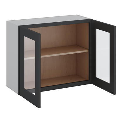30" Wide Bridge 15HNS Hermosa Noir Black Shaker 1-1/4" Overlay Glass Ready Wall Cabinet - Double Door 12", 15", 18", 21" & 24" Tall