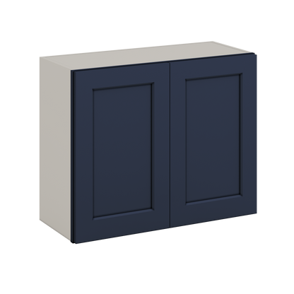 30" Wide Bridge NB29- Naval Blue Shaker 1-1/4" Overlay Wall Cabinet - Double Door 12", 15", 18", 21" & 24" Tall