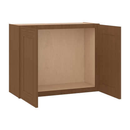 30" Wide Double Door 12", 15", 18", 21"& 24" Tall Bridge Elegant Craftsman Mocha Shaker Wall Cabinet