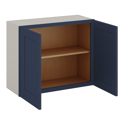 30" Wide Bridge NB29- Naval Blue Shaker 1-1/4" Overlay Wall Cabinet - Double Door 12", 15", 18", 21" & 24" Tall