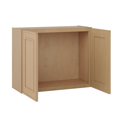 30" Wide Double Door 12", 15", 18", 21"& 24" Tall Bridge Elegant Oak Shaker Wall Cabinet