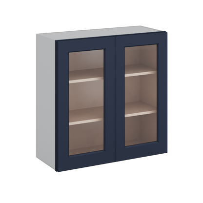30" Tall NB29 Naval Blue Shaker 1-1/4" Overlay Glass Ready Wall Cabinet - Double Door 24", 27", 30", 33" & 36" 42" Wide