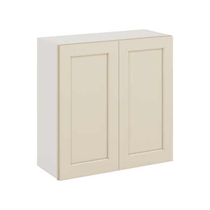 30" Tall Manhattan Cream Shaker 1-1/4" Overlay Wall Cabinet - Double Door 24", 27", 30", 33" & 36" Wide