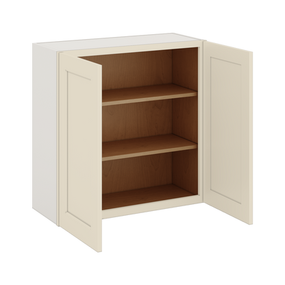 30" Tall Manhattan Cream Shaker 1-1/4" Overlay Wall Cabinet - Double Door 24", 27", 30", 33" & 36" Wide