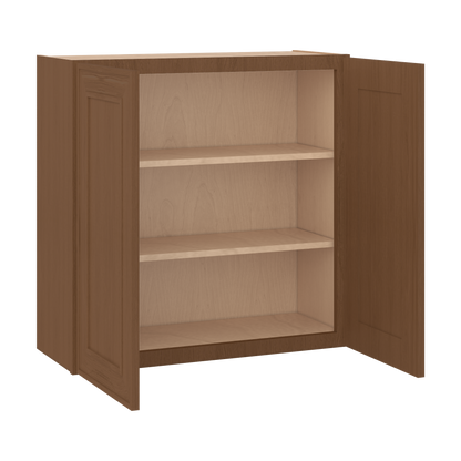 30" Tall Double Door 24", 27", 30", 33" & 36" Elegant Craftsman Mocha Shaker 1-1/4" Overlay Wall Cabinet