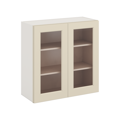 30" Tall Manhattan Cream Shaker 1-1/4" Overlay Glass Ready Wall Cabinet - Double Door 24", 27", 30", 33" & 36" Wide