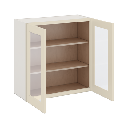 30" Tall Manhattan Cream Shaker 1-1/4" Overlay Glass Ready Wall Cabinet - Double Door 24", 27", 30", 33" & 36" Wide