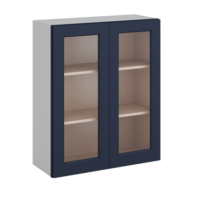 36" Tall NB29- Naval Blue Shaker 1-1/4" Overlay Glass Ready Wall Cabinet - Double Door 24", 27", 30", 33" & 36" Wide