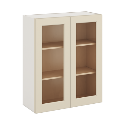 36" Tall Manhattan Cream Shaker 1-1/4" Overlay Glass Ready Wall Cabinet - Double Door 24", 27", 30", 33" & 36" Wide
