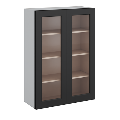 Double Door 24", 27", 30", 33" & 36" - 42" Tall Wall Cabinet Black Shaker 1-1/4" Overlay Glass Ready Wall Cabinet -