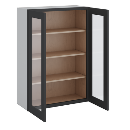 Double Door 24", 27", 30", 33" & 36" - 42" Tall Wall Cabinet Black Shaker 1-1/4" Overlay Glass Ready Wall Cabinet -