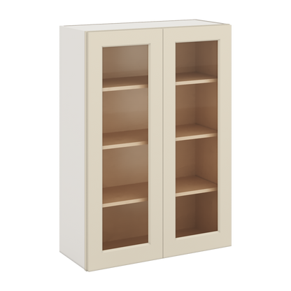 42" Tall Manhattan Cream Shaker 1-1/4" Overlay Wall Glass Cabinet - Double Door 24", 27", 30", 33", 36"