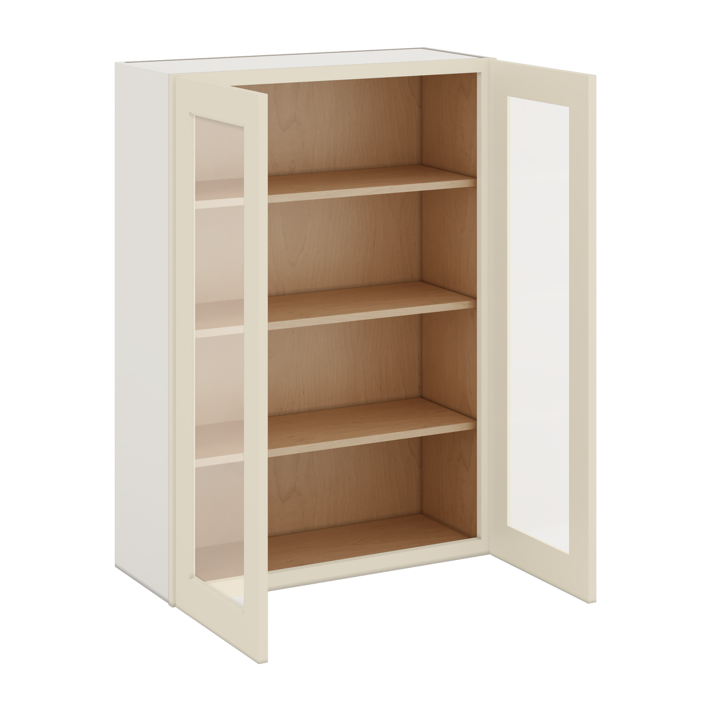 42" Tall Manhattan Cream Shaker 1-1/4" Overlay Wall Glass Cabinet - Double Door 24", 27", 30", 33", 36"