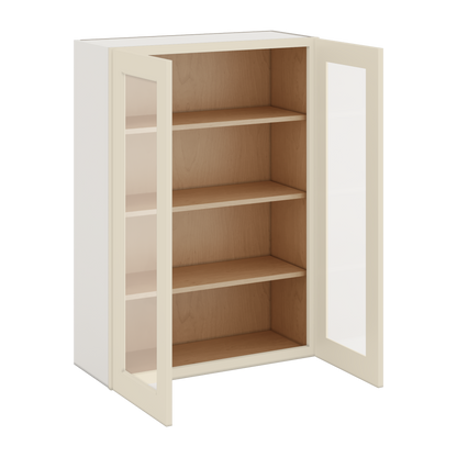 42" Tall Manhattan Cream Shaker 1-1/4" Overlay Wall Glass Cabinet - Double Door 24", 27", 30", 33", 36"