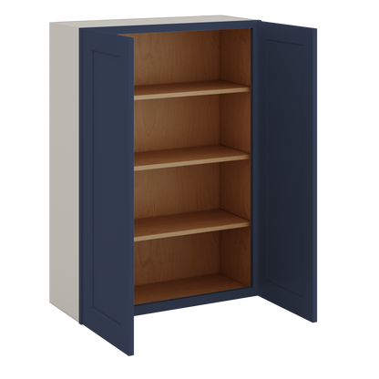 42" Tall NB29- Naval Blue Shaker 1-1/4" Overlay Wall Cabinet - Double Door 24", 27", 30", 33", 36"