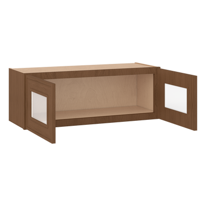 12" Tall 12" Deep - 12", 15", 18", 21", 24", 27", 30", 33" & 36" Wide Glass Door Stacker | Wall Mocha Elegant Oak Craftsman Shaker 1-1/4" Overlay Wall Cabinet