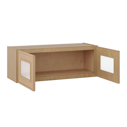 12" Tall 12" Deep Glass Door Stacker | Wall Elegant Oak Craftsman Shaker 1-1/4" Overlay Wall Cabinet -  12", 15", 18", 21", 24", 27", 30", 33" & 36" Wide