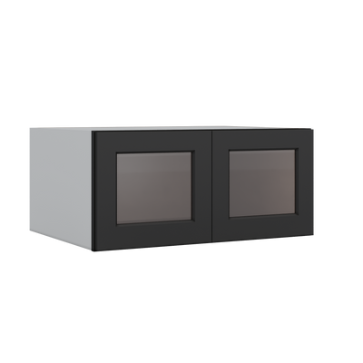 33" Wide Bridge 15HNS Hermosa Noir Black Shaker 1-1/4" Overlay Wall Glass Cabinet - Double Door 15" Tall - 24" Deep
