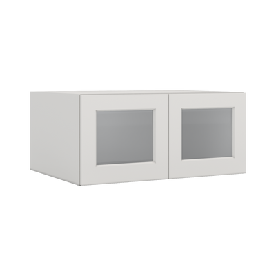 33" Wide Bridge 2WS White Shaker 1-1/4" Overlay Wall Glass Cabinet - Double Door 15" Tall - 24" Deep