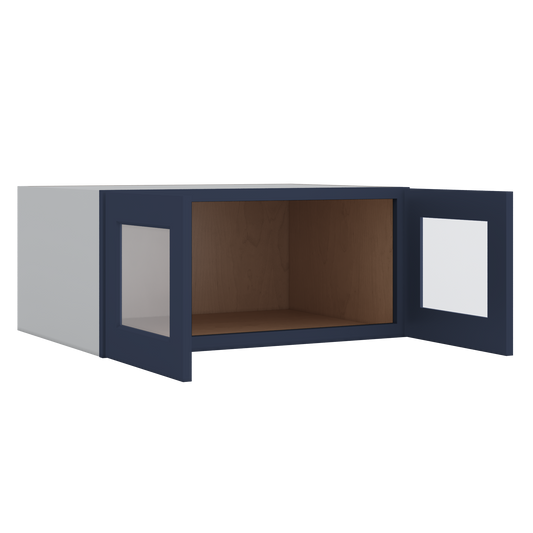 33" Wide Bridge NB29 Naval Blue Shaker 1-1/4" Overlay Glass Ready Wall Cabinet - Double Door 15" Tall - 24" Deep