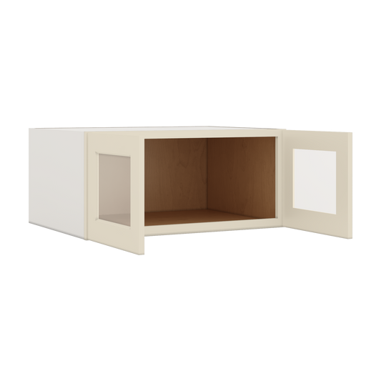 33" Wide Bridge Manhattan Cream Shaker 1-1/4" Overlay Glass Ready Wall Cabinet - Double Door 15" Tall - 24" Deep