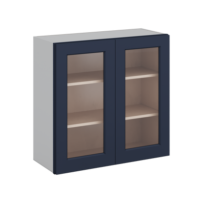 30" Tall NB29 Naval Blue Shaker 1-1/4" Overlay Glass Ready Wall Cabinet - Double Door 24", 27", 30", 33" & 36" 42" Wide