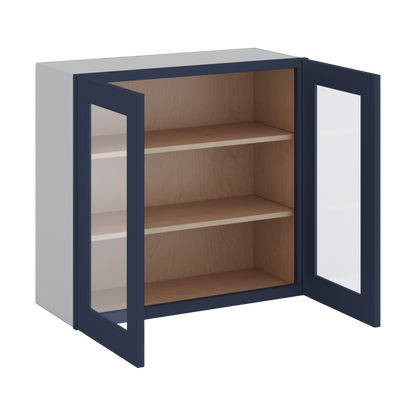 30" Tall NB29 Naval Blue Shaker 1-1/4" Overlay Glass Ready Wall Cabinet - Double Door 24", 27", 30", 33" & 36" 42" Wide