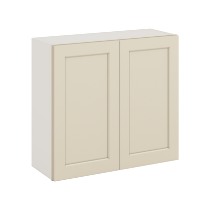 30" Tall Manhattan Cream Shaker 1-1/4" Overlay Wall Cabinet - Double Door 24", 27", 30", 33" & 36" Wide