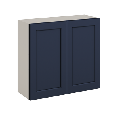 30" Tall NB29- Naval Blue Shaker 1-1/4" Overlay Wall Cabinet - Double Door 24", 27", 30", 33" & 36" 42" Wide