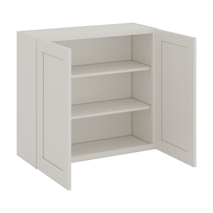 30" Tall 2WS White Shaker 1-1/4" Overlay Wall Cabinet - Double Door 24", 27", 30", 33" & 36" Wide