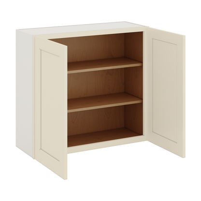 30" Tall Manhattan Cream Shaker 1-1/4" Overlay Wall Cabinet - Double Door 24", 27", 30", 33" & 36" Wide