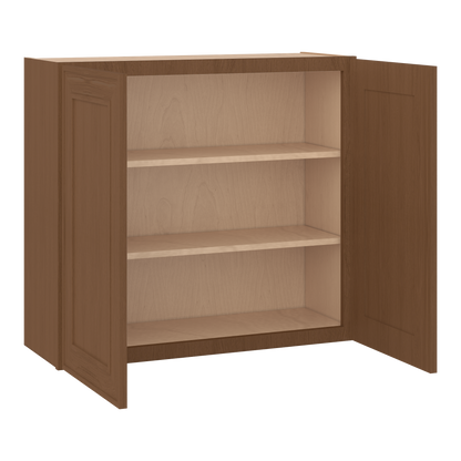 30" Tall Double Door 24", 27", 30", 33" & 36" Elegant Craftsman Mocha Shaker 1-1/4" Overlay Wall Cabinet