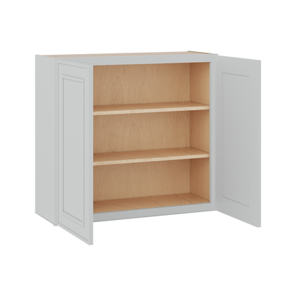 30" Tall Double Door 24", 27", 30", 33" & 36" White Elegant Oak Craftsman Shaker 1-1/4" Overlay Wall Cabinet