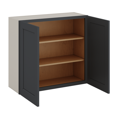 30" Tall 15HNS Hermosa Noir Black Shaker 1-1/4" Overlay Wall Cabinet - Double Door 24", 27", 30", 33" & 36" Wide
