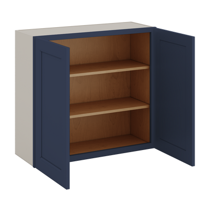 30" Tall NB29- Naval Blue Shaker 1-1/4" Overlay Wall Cabinet - Double Door 24", 27", 30", 33" & 36" 42" Wide