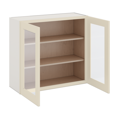 30" Tall Manhattan Cream Shaker 1-1/4" Overlay Glass Ready Wall Cabinet - Double Door 24", 27", 30", 33" & 36" Wide