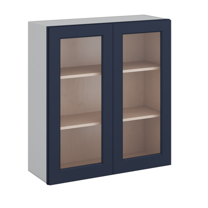 36" Tall NB29- Naval Blue Shaker 1-1/4" Overlay Glass Ready Wall Cabinet - Double Door 24", 27", 30", 33" & 36" Wide