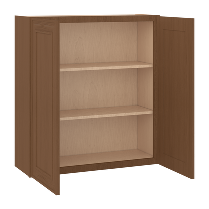 36" Tall Double Door 24", 27", 30", 33" & 36" Wide Mocha Elegant Oak Shaker Wall Cabinet