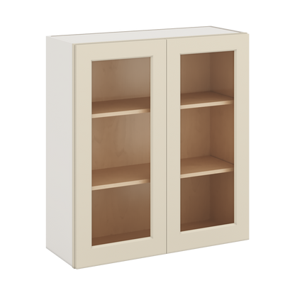 36" Tall Manhattan Cream Shaker 1-1/4" Overlay Glass Ready Wall Cabinet - Double Door 24", 27", 30", 33" & 36" Wide