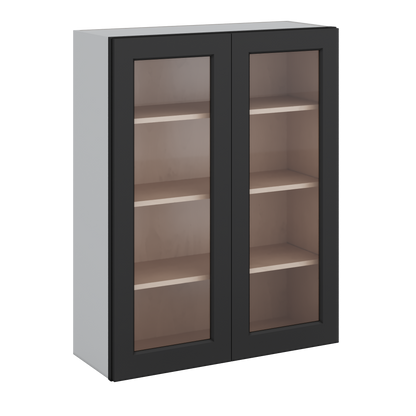 Double Door 24", 27", 30", 33" & 36" - 42" Tall Wall Cabinet Black Shaker 1-1/4" Overlay Glass Ready Wall Cabinet -