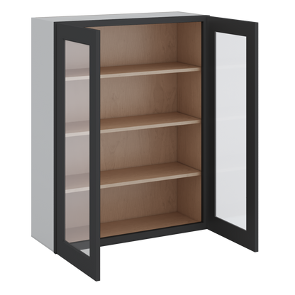 Double Door 24", 27", 30", 33" & 36" - 42" Tall Wall Cabinet Black Shaker 1-1/4" Overlay Glass Ready Wall Cabinet -