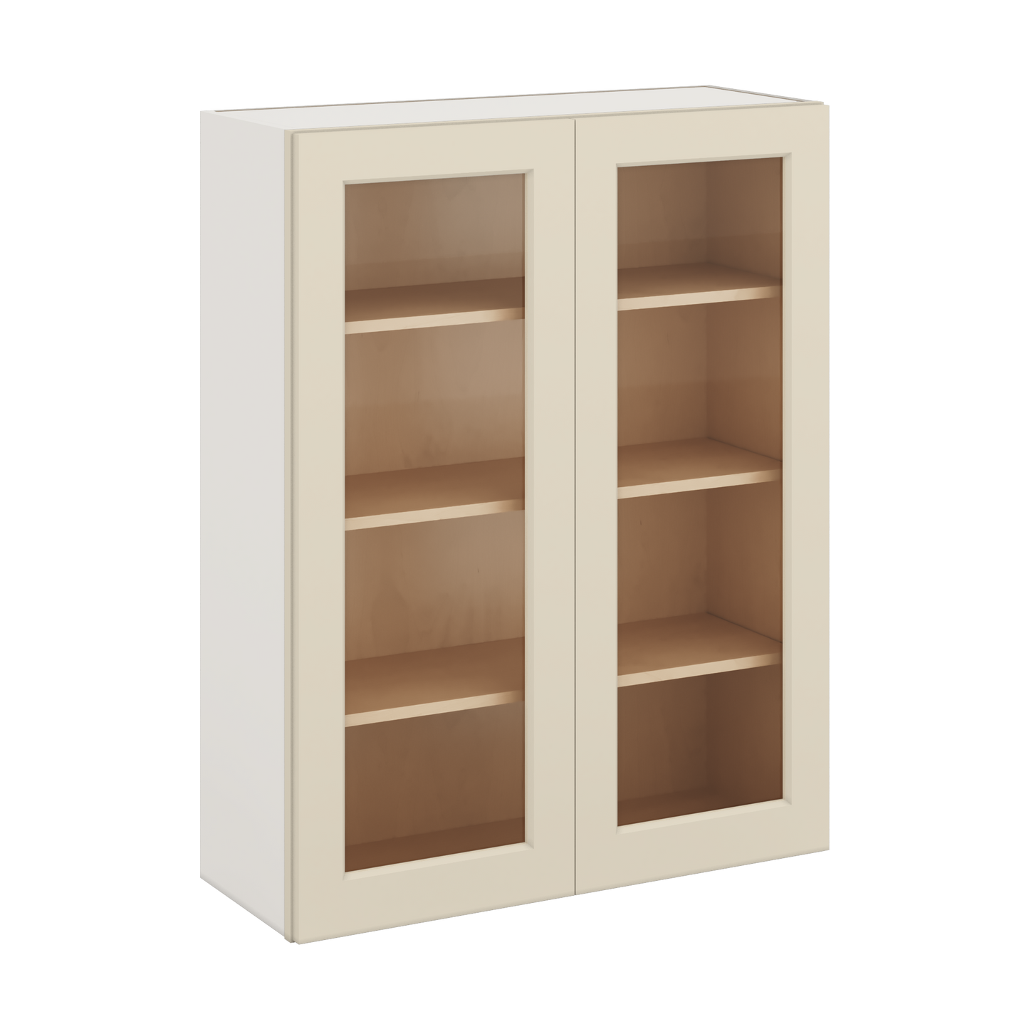 42" Tall Manhattan Cream Shaker 1-1/4" Overlay Wall Glass Cabinet - Double Door 24", 27", 30", 33", 36"
