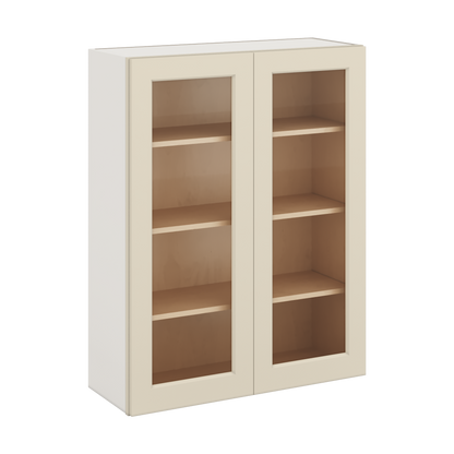 42" Tall Manhattan Cream Shaker 1-1/4" Overlay Wall Glass Cabinet - Double Door 24", 27", 30", 33", 36"