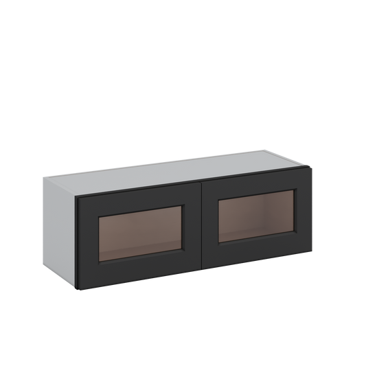 36" Wide by 12" Deep Bridge 15HNS Hermosa Noir Black Shaker 1-1/4"Overlay Glass Ready Wall Cabinet - Double Door 12", 15", 18", 21", 24" Tall