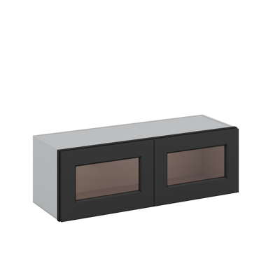 36" Wide by 12" Deep Bridge 15HNS Hermosa Noir Black Shaker 1-1/4"Overlay Glass Ready Wall Cabinet - Double Door 12", 15", 18", 21", 24" Tall