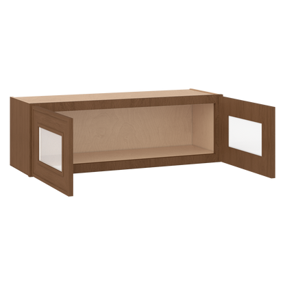 12" Tall 12" Deep - 12", 15", 18", 21", 24", 27", 30", 33" & 36" Wide Glass Door Stacker | Wall Mocha Elegant Oak Craftsman Shaker 1-1/4" Overlay Wall Cabinet