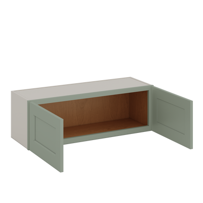 36" Wide by 12" Deep Bridge Green Shaker 1-1/4"Overlay Wall Cabinet - Double Door 12", 15", 18", 21", 24" Tall