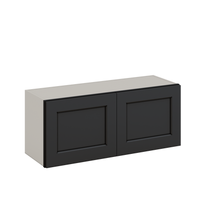 36" Wide by 12" Deep Bridge 15HNS Hermosa Noir Black Shaker 1-1/4"Overlay Wall Cabinet - Double Door 12", 15", 18", 21", 24" Tall