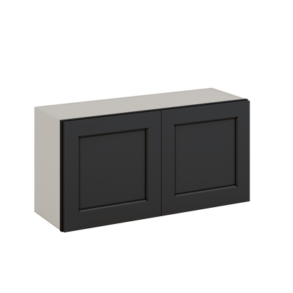 36" Wide by 12" Deep Bridge 15HNS Hermosa Noir Black Shaker 1-1/4"Overlay Wall Cabinet - Double Door 12", 15", 18", 21", 24" Tall