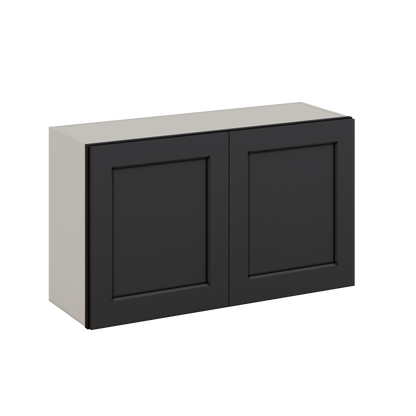 36" Wide by 12" Deep Bridge 15HNS Hermosa Noir Black Shaker 1-1/4"Overlay Wall Cabinet - Double Door 12", 15", 18", 21", 24" Tall